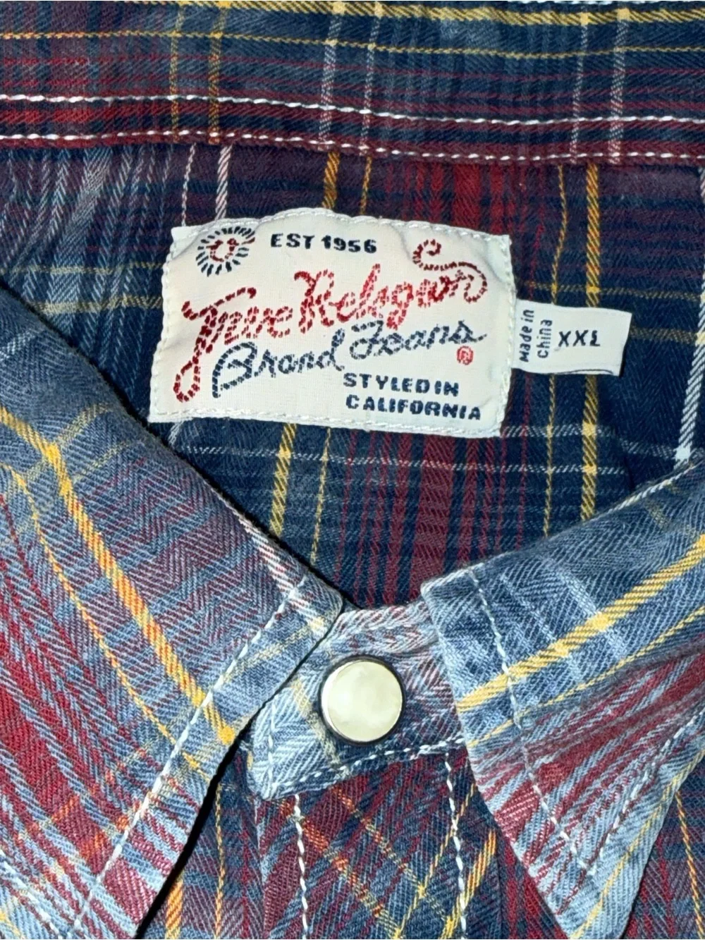 True Religion button-down shirt: plaid pattern: pearl button snaps: western